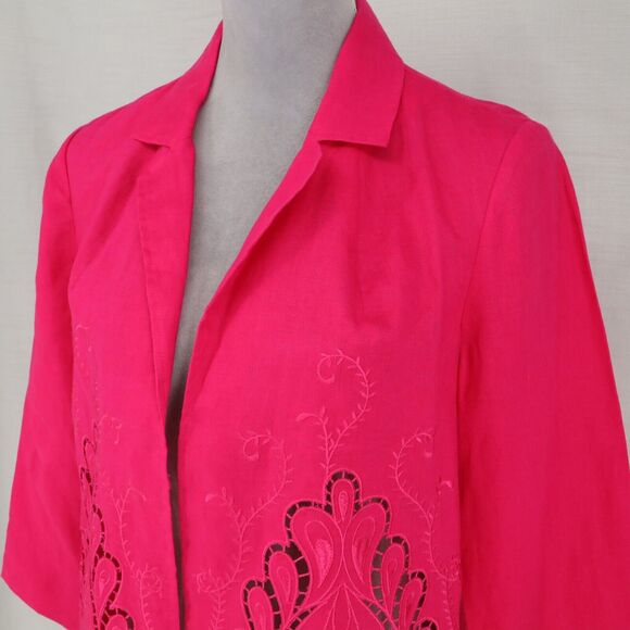 Chicos Jacket 0 Womens 4 Small Linen Pink Embroidered Cut Outs Open Lightweight - Picture 8 of 16